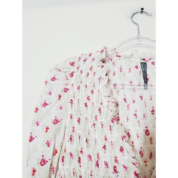 Anthropologie Womens Top Small Smocked Ruched Puff Sleeve Feminine Floral Lace - Picture 4 of 12